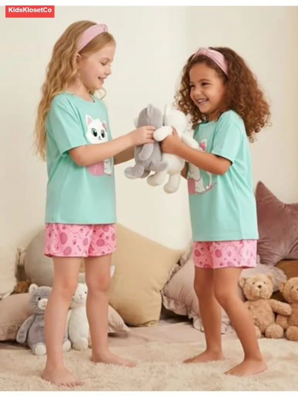Girls 3 Piece Pajama Set Short Sleeve Sleepwear Polyester Spandex Summer Pjs